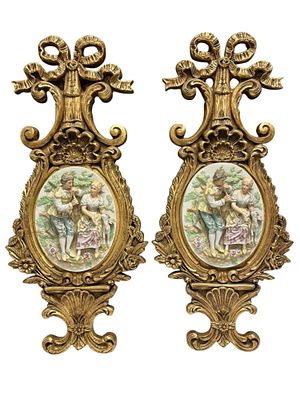 French Provincial High Relief Bisque Figural Scenes Plaques (2) 28". Pair of vintage Rococo or 