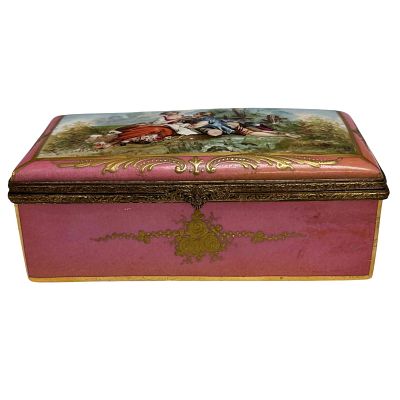 Sevres Porcelain Dresser Jewelry Casket Box Signed. 19th century hand painted porcelain hinged 