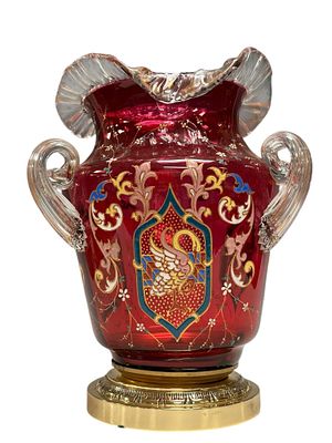 Bohemian Moser Cranberry Enameled Glass Vase 13". Large Bohemian Moser art glass cranberry 