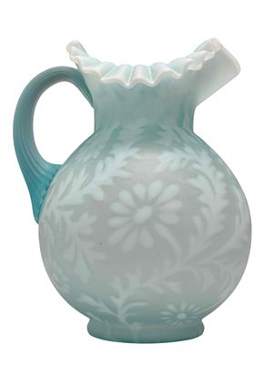 FENTON Blue Opalescent Daisy and Fern Glass Pitcher. Blue opalescent Daisy &amp; Fern Pattern 