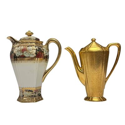 Porcelain Tea/Coffee Pots Gold Encrusted and Nippon (2). Nippon Noritake pitcher in Asian motif 