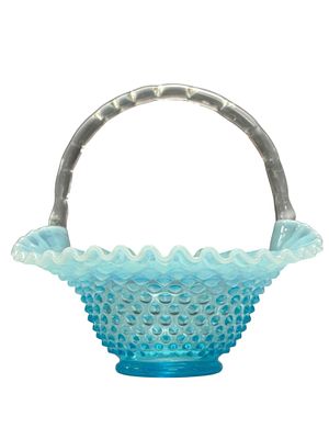 Fenton Blue Hobnail Opalescent Brides Basket. Fenton Glass blue hobnail bride's basket featuring 