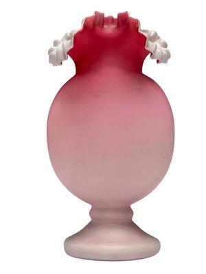 Victorian Pink Satin Ruffled Top Glass Vase. Ruffled top descending pink satin glass vase with 