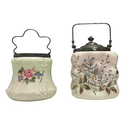 19th Century Satin Biscuit Jars Wavecrest (2). Includes; Wavecrest Enameled Egg Crate Glass 