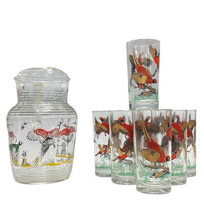 Pheasant and Hunter 8pc Drink Set. Mid century modern designed. Likely Hazel and Atlas glass 