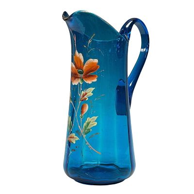 Cobalt Victorian Art Glass Tankard / Pitcher. Hand painted enameled flowers with gold trim 