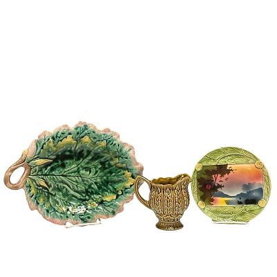 3pc Majolica Pottery Group. Including Etruscan leaf dish approx 12", small landscape plate 