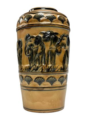 Elephant Motif Glazed Ceramic Vase. Raised relief glazed ceramic vase with elephant decor. Tan 
