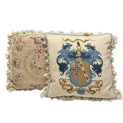 Needlepoint Pillows Floral and Family Coat of Arms (2). Vintage hand stitched wool needlepoint 
