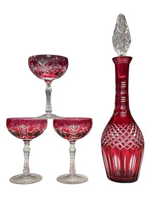 Bohemian Cranberry Cut to Clear Crystal Decanter Set (4). Four piece Bohemian cranberry cut to 