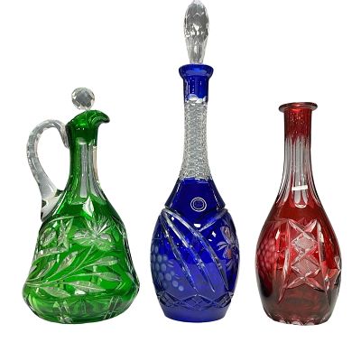 Bohemian Cut to Clear Crystal Decanter Vessels (3). Includes; Bohemian cobalt blue cut to clear 