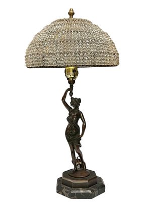Bronze Art Nouveau Nude Goddess Figural Lamp Beaded Shade. Art nouveau bronze half nude goddess 