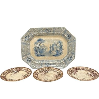 19th Century Ironstone Transferware Platter and Soup Bowls (4). Massive 1840's Davenport Friburg 