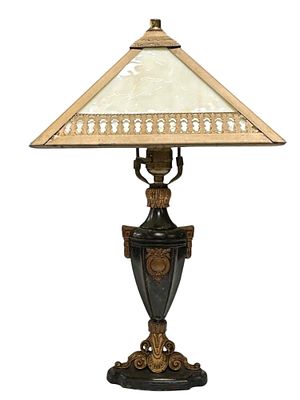 Arts and Crafts Slag Glass Neoclassical Table Lamp. Arts and crafts style square caramel slag 