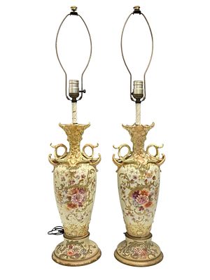 Pair of Porcelain Sea Shell and Floral Table Lamps (2). Royal Bonn porcelain vases converted to 