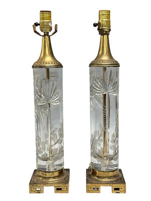 Dresden Cut Crystal Cylinder Table Lamps Pair (2). Pair of Dresden cylindrical crystal table 