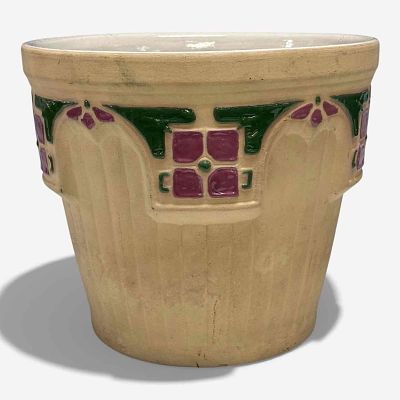 Large Brush Mccoy Stone Craft Jardiniere. Brush Mccoy stone craft jardini&egrave;re. Glazed floral and 