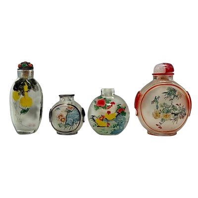 Reverse Painted Glass Snuff Bottles (4). Four reverse painted snuff bottle depicting roosters 