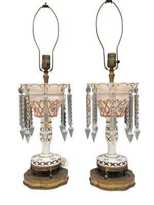 Pair of Bohemian Case Glass Luster Lamps. Pair of Bohemian luster lamps. Pink in white cased 