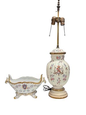 19th Century French Export Armorial Porcelain Vase/Urn Fitted Lamp with Footed Center Bowl. 19th 