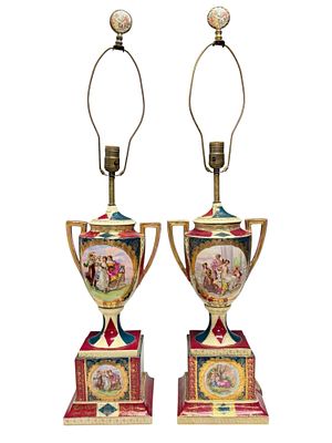 Royal Vienna Style Porcelain Urn Form Figural Lamps (2). Pair of Royal Vienna style urn form 