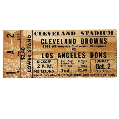 1949 Cleveland Browns vs Los Angeles Dons AAFC Ticket Stub. The Browns pummel the Dons, 42-7 at 
