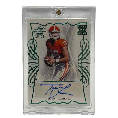 Trevor Lawrence 2021 Leaf Trinity Auto Green Spectrum RC #18/25. Dazzling rookie card numbered 