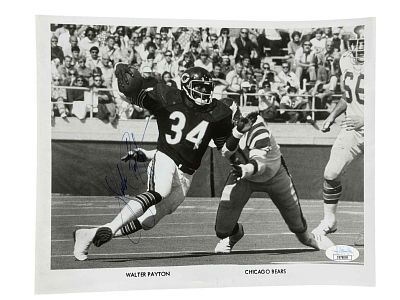 Walter Payton Autographed Photo Chicago Bears JSA. Black and white 8x10 action photo of 