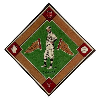 1914 B18 Blanket Frank Chance New York Yankees. Fabric square blanket with red bases and brown 