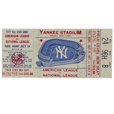 1977 MLB All-Star Game Full Ticket Yankee Stadium. Section 24 ticket that saw the NL defeat the 