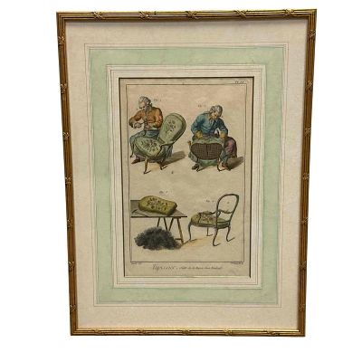 18th Century French Hand Colored Engraving Tapissier. Professionally framed and matted 18th 