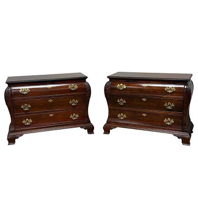 20th Century Pair of Chippendale Style Carved Bombe Chests (2). Each features cross-banded 