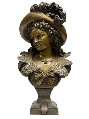 Ernest Rancoulet (1870-1915) Bronze Aristocratic Woman Bust 26". Impressive late 19th century 