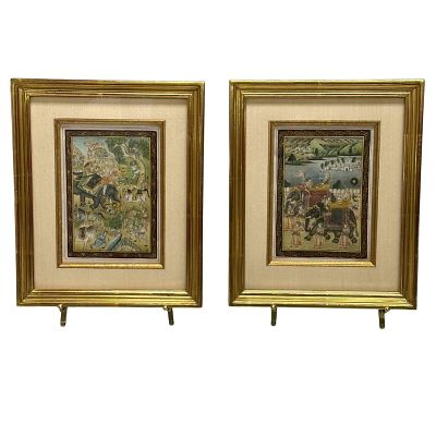 Mughal Indian Royal Life Framed Miniature Paintings (2). Pair of professionally framed 