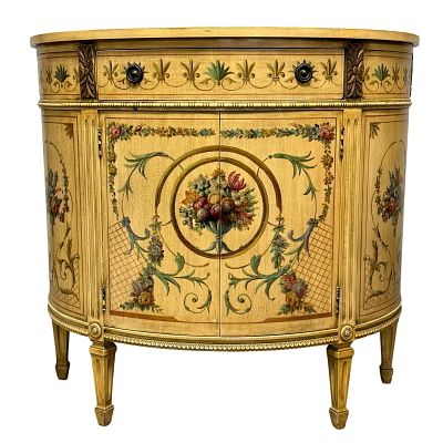 Italian Neoclassical Style Hand Painted Demilune Cabinet. Venetian or Italian Neoclassical-style 