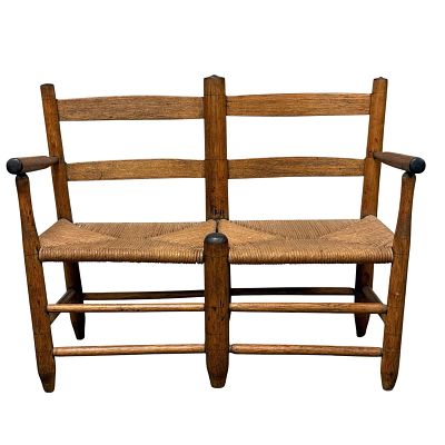 19th Century American Country Double Rush-Seat Wagon Bench. Great early American country double 