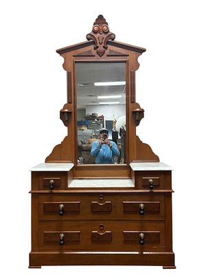 19th Century American Victorian Renaissance Dresser. Walnut drop center marble top dresser. Good 