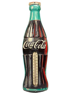 1950s - 1960s Coca Cola Embossed Tin Litho Bottle Thermometer. Mid century Coca Cola advertising 