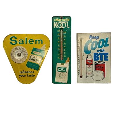 Cigarette and Automotive Dealer Advertising Thermometers Signs (3). Vintage metal thermometers 