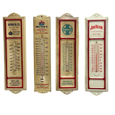 Oil Railroad and Jim Beam Advertising Thermometers (4). Four vintage thermometers include; Santa 