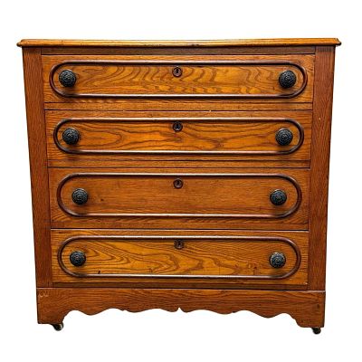 19th C. American Oak 4 Drawer Dresser. Four drawer dresser with brass knob pulls, oval raised 