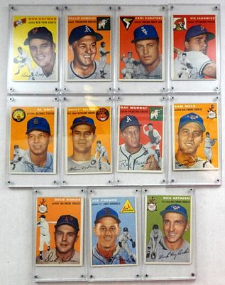 (11) 1954 TOPPS BASEBALL CARDS. ALL DIFFERENT - in SCREW DOWN HOLDERS - EX - VGEX (1) VG