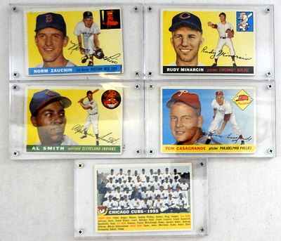 1956 TOPPS #11 CUBS w/DATE plus (4). 1955 TOPPS BASEBALL CARDS - ALL in SCREW DOWN HOLDERS - Exs