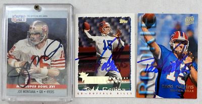 JOE MONTANA AUTOGRAPHED CARD. with FIELD OF DREAMS #25049 STICKER on HOLDER plus (2) TODD 