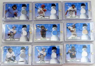 (9) 2021 TOPPS WALMART HOLIDAY MEGA. GAME USED MEMORABILIA CARDS (1) duplicate - IN PREMIUM HOLDERS