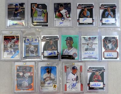 (15) AUTOGRAPHED BASEBALL CARDS. ALL FACTORY COMPANY ISSUED PANINI, LEAF, TOPPS - ALL DIFFERENT