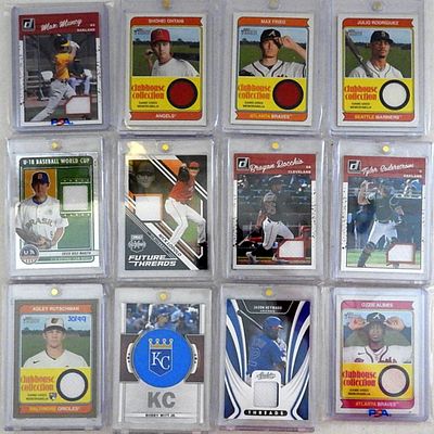 (12) BASEBALL INSERT MATERIAL CARDS. 2021/22/23 DONRUSS, TOPPS, ELITE & MORE - PREMIUM LOT