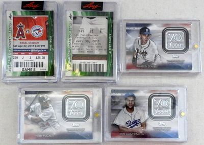(2) LEAF GAME DAY TICKETS & ((3) TOPPS. 70th ANNIVERSARY LOGO PATCH CARDS PUCKETT, SPAHN & CAMPANELLA