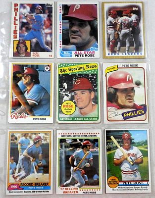 (13) PETE ROSE BASEBALL CARDS 60s & 70s. 1968 & 1969 TOPPS creased GOODS - REST EX-VGEX+ in SHEETS