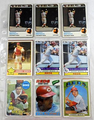 (16) JOHNNY BENCH CARDS 60s & 70s. 1968 TOPPS GOOD, 1969 TOPPS VG - REST VGEX-EX in SHEETS